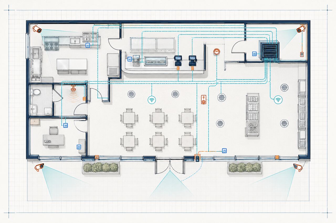 Illustrative restaurant floor plan showing security cameras, access control, Wi-Fi, audio, point-of-sale devices, and cable routes